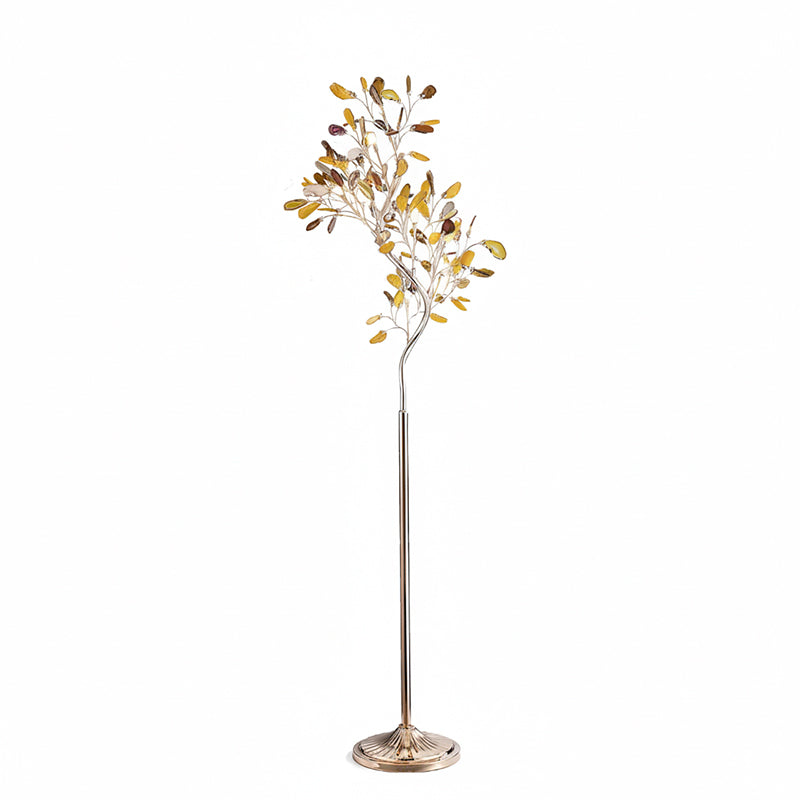 Lampa podłogowa z agatu – rzeźba w kształcie drzewa z 8 lampami i kamieniem naturalnym, 175 cm, miedziane wykończenie, efekt witrażu, bursztynowy, niebieski, zielony, różowy, fioletowy, wielokolorowy element dekoracyjny | Sansoti