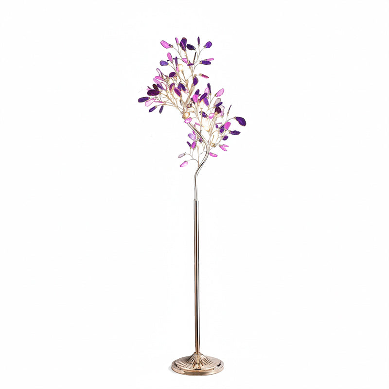 Lampa podłogowa z agatu – rzeźba w kształcie drzewa z 8 lampami i kamieniem naturalnym, 175 cm, miedziane wykończenie, efekt witrażu, bursztynowy, niebieski, zielony, różowy, fioletowy, wielokolorowy element dekoracyjny | Sansoti