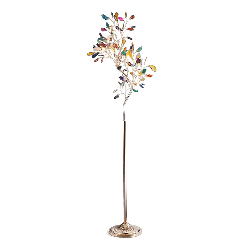 Lampa podłogowa z agatu – rzeźba w kształcie drzewa z 8 lampami i kamieniem naturalnym, 175 cm, miedziane wykończenie, efekt witrażu, bursztynowy, niebieski, zielony, różowy, fioletowy, wielokolorowy element dekoracyjny | Sansoti