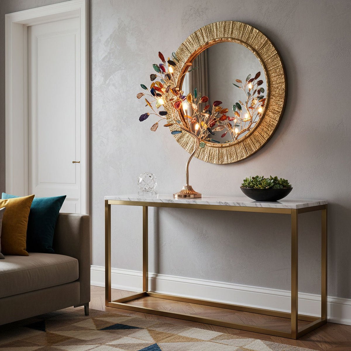 Lustre en agate – Suspension en pierre naturelle avec cadre en or rose pour grands espaces – Ø 65 cm & Ø 85 cm | Sansoti