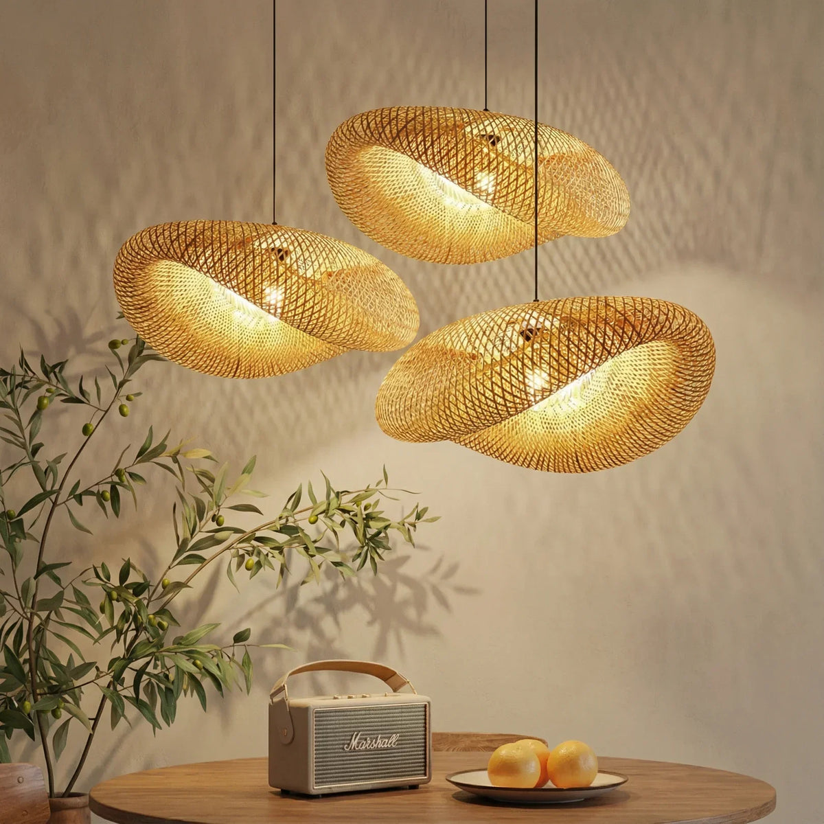 Geflochtene Bambus-Hängeleuchte E27 im skandinavischen Design für Esszimmer, Küche und Wohnzimmer, natürlich, Vintage und Boho | Sansoti