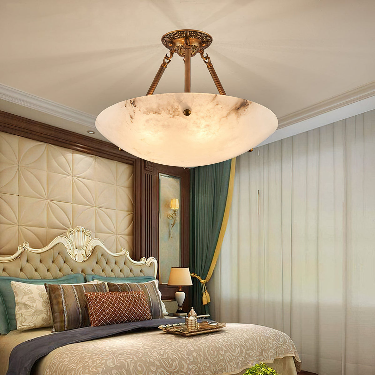 Alabaster Kom Plafondlamp – Antique Brass Montuur – 4, 5 of 6 Lichtpunten – Natuursteen Halfronde Kroonluchter voor Eetkamer Woonkamer Entree | Sansoti