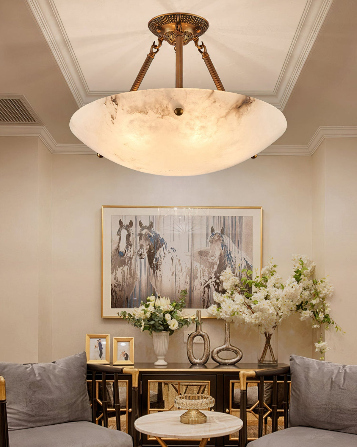 Alabaster Kom Plafondlamp – Antique Brass Montuur – 4, 5 of 6 Lichtpunten – Natuursteen Halfronde Kroonluchter voor Eetkamer Woonkamer Entree | Sansoti