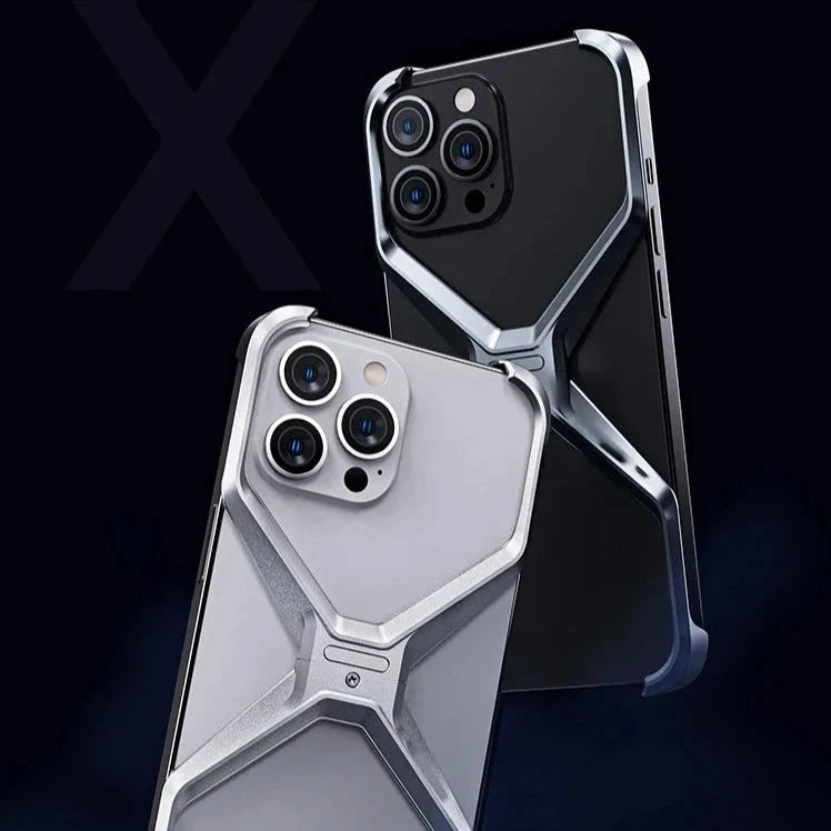 Aluminum X-Frame Phone Case iPhone 14 15 16 17 Pro Max Frameless Shockproof Titanium Design Luxury | Sansoti