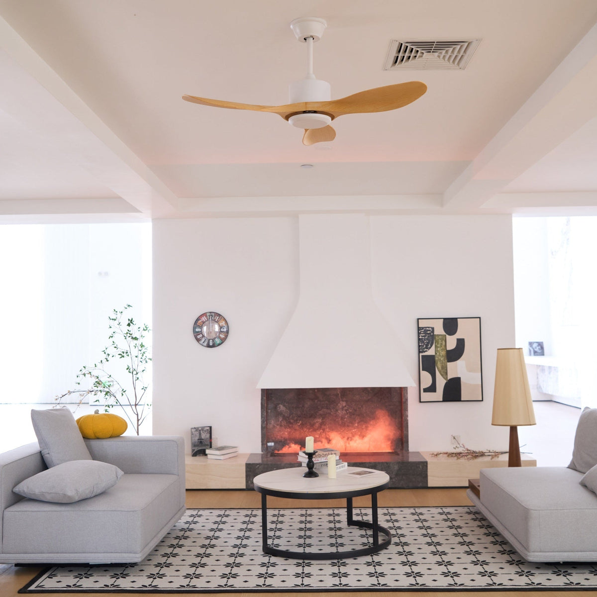 Minimalist ceiling fan Wood 106-132cm With remote control 5 speeds Reversible Copper Motor AC 110-240V | Sansoti