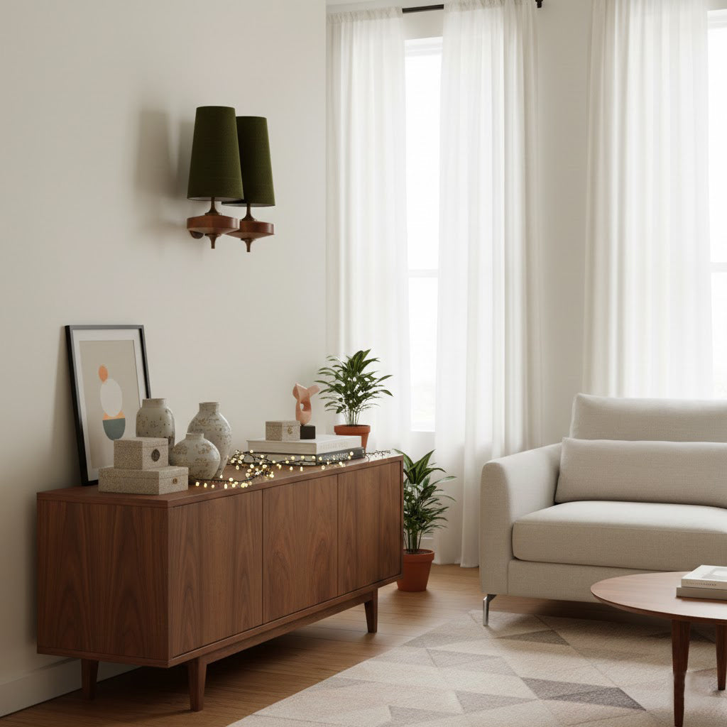 Aplique de diseño con detalles de madera y pantalla de tela, inspirado en la palmera Nikau