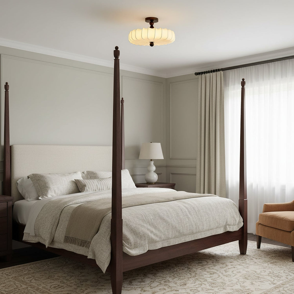 Anela Plafondlamp Walnoot met Beige Gevlochten Kap – Retro Scandinavische Hanglamp met Geïntegreerde LED – Dimbare Plafondverlichting | Sansoti