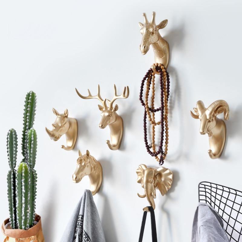 Decorative Animal Head Wall Hook in Gold White Black for Keys Bags Towels | Giraffe Hook Elephant Hook Rhino Hook Deer Ram Horse | Cast Iron Wall Decoration Hall Bathroom Bedroom | Sansoti