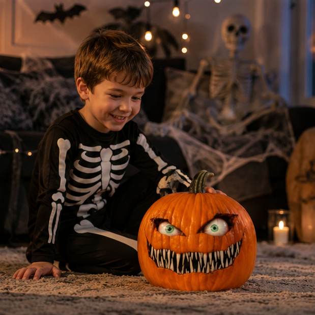 Pumpkin Halloween Decoration with Multiple Eyes Orange Resin 17cm Spooky Atmosphere for Indoor, Garden, and Party Use | Sansoti