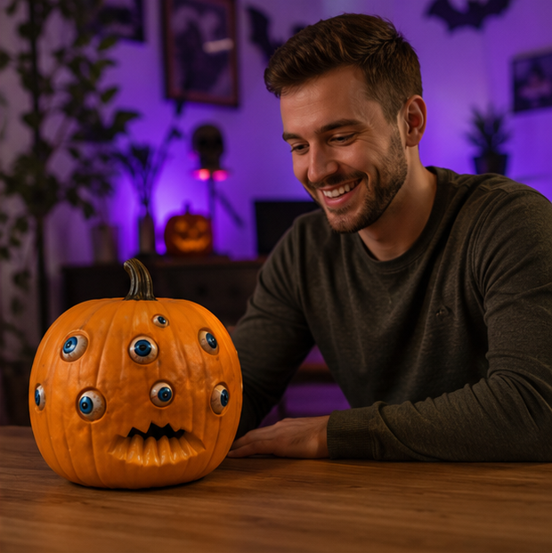 Pumpkin Halloween Decoration with Multiple Eyes Orange Resin 17cm Spooky Atmosphere for Indoor, Garden, and Party Use | Sansoti