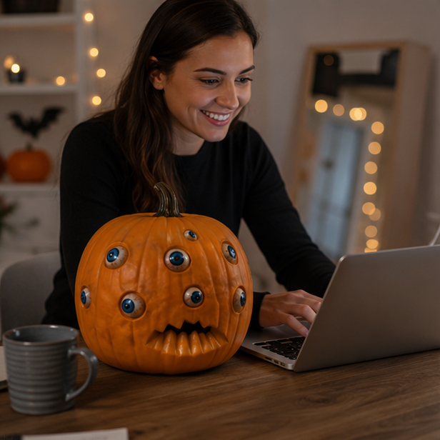 Pumpkin Halloween Decoration with Multiple Eyes Orange Resin 17cm Spooky Atmosphere for Indoor, Garden, and Party Use | Sansoti