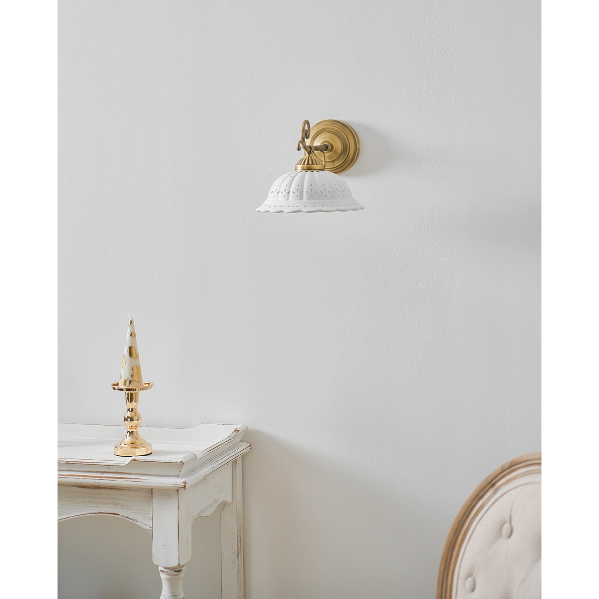 Ceramic Wall Lamp with Brass Armature | Vintage Victorian Style | Antique Brass Finish & Openwork Shade | Sansoti