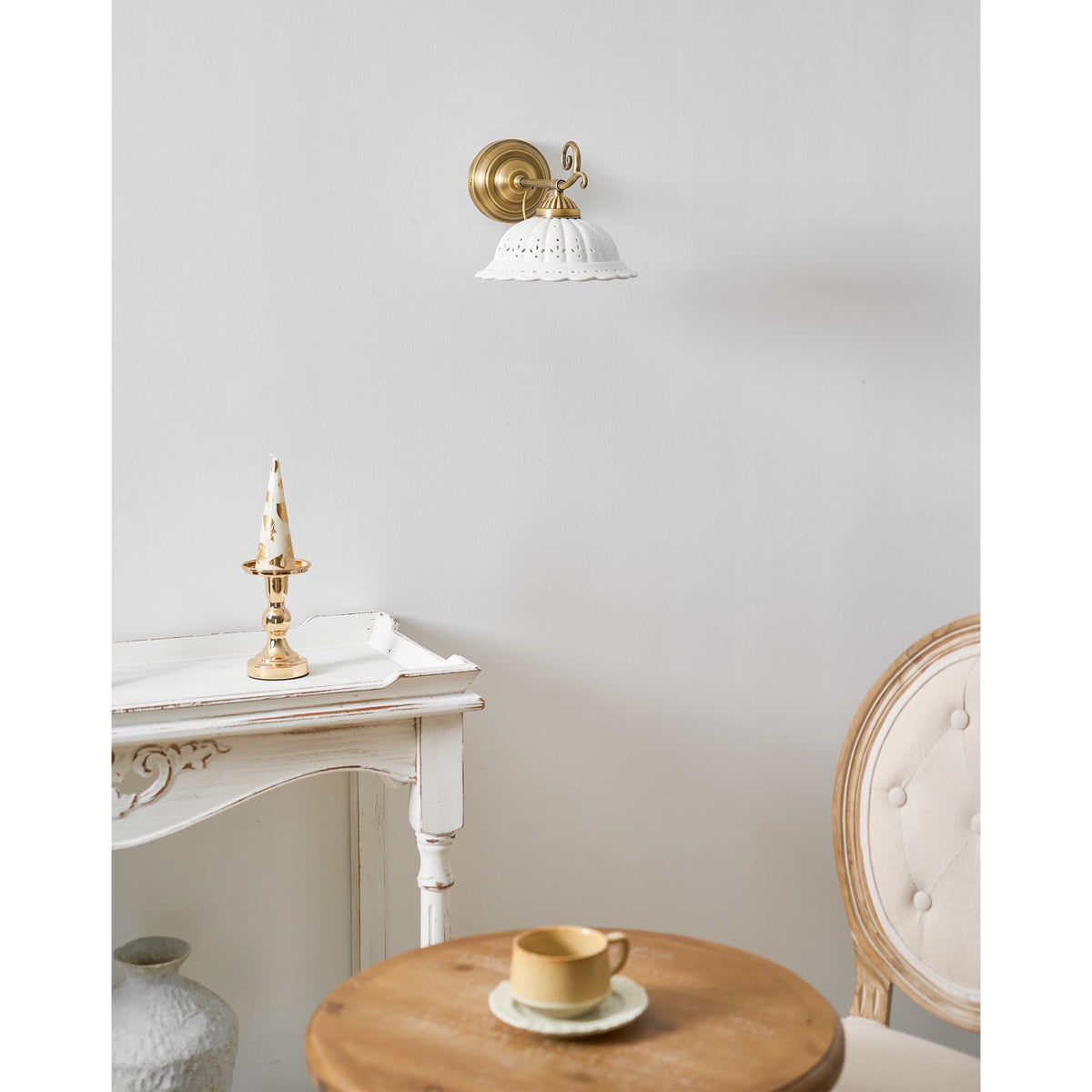 Ceramic Wall Lamp with Brass Armature | Vintage Victorian Style | Antique Brass Finish & Openwork Shade | Sansoti