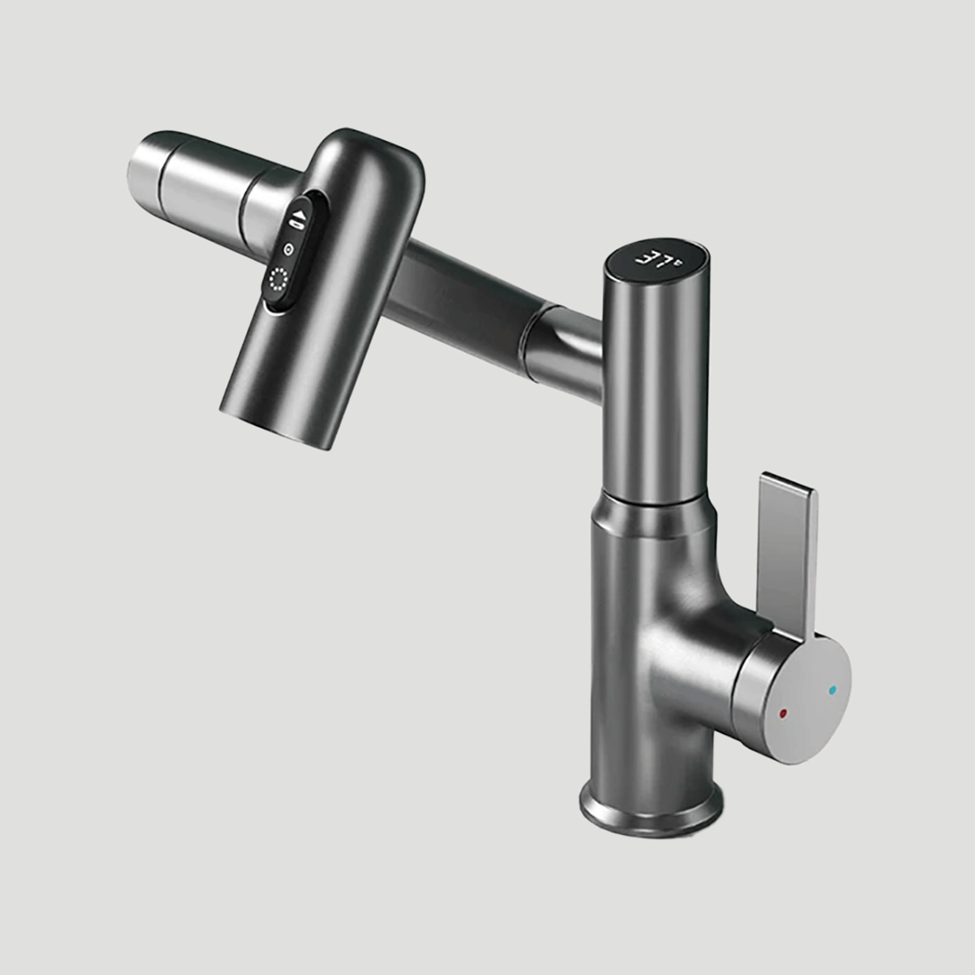 Flexible Kitchen Faucet 360° Rotatable with Temperature Display Adjustable Chrome Stainless Steel Modern Design | Sansoti