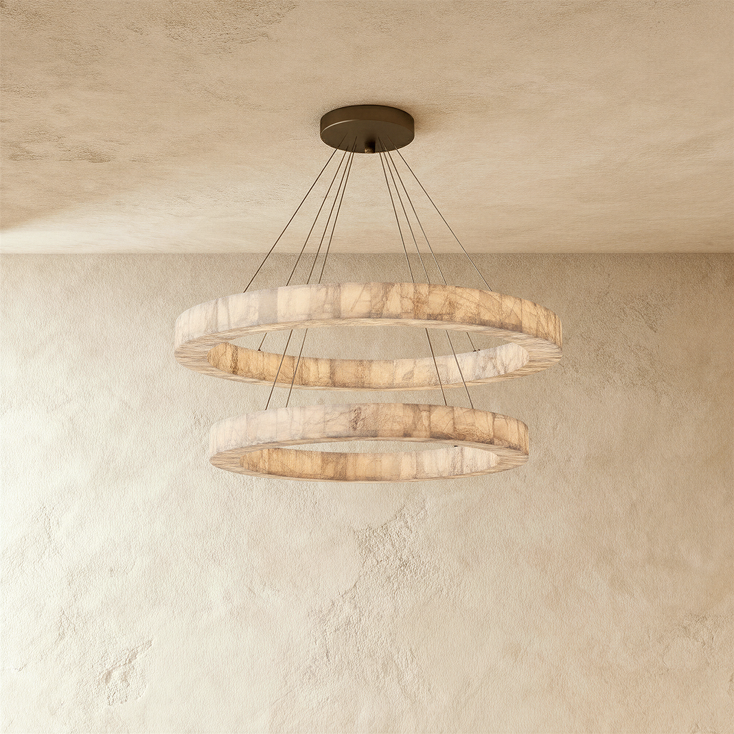 Suspension Teva Calcite avec anneaux en pierre faits main et éclairage d'ambiance doux | Sansoti