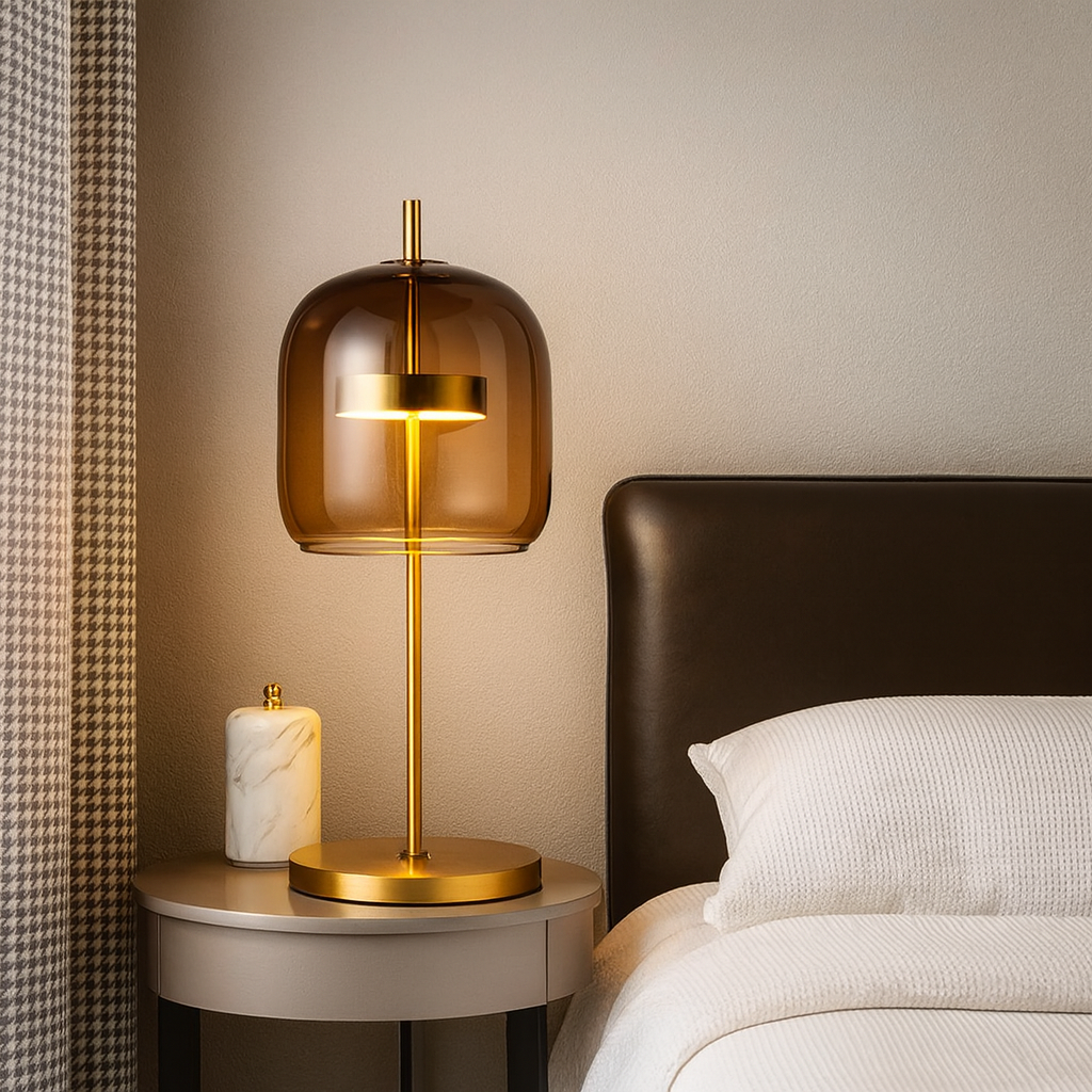 Lampe de table en vitrail avec pied doré – Lampe d’ambiance LED vintage pour chambre et table de chevet, design rétro | Sansoti