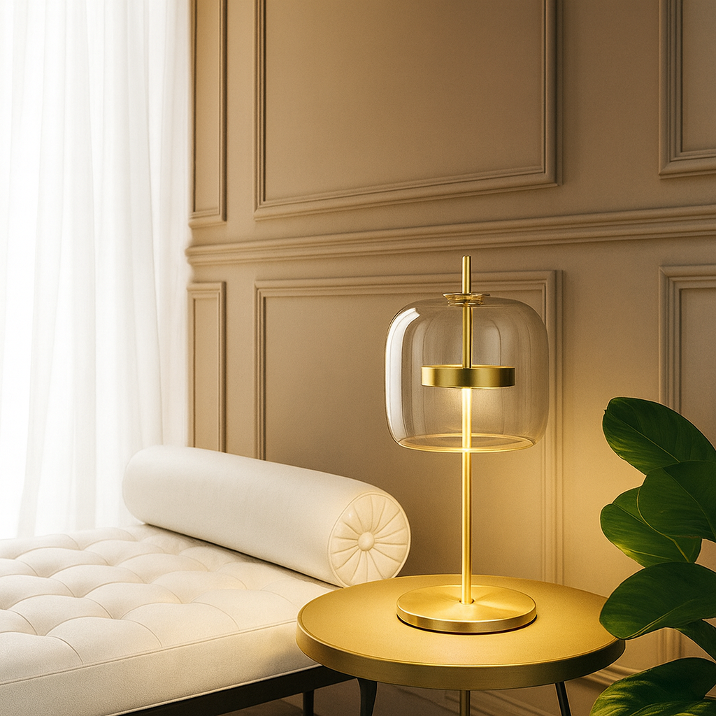 Lampe de table en vitrail avec pied doré – Lampe d’ambiance LED vintage pour chambre et table de chevet, design rétro | Sansoti