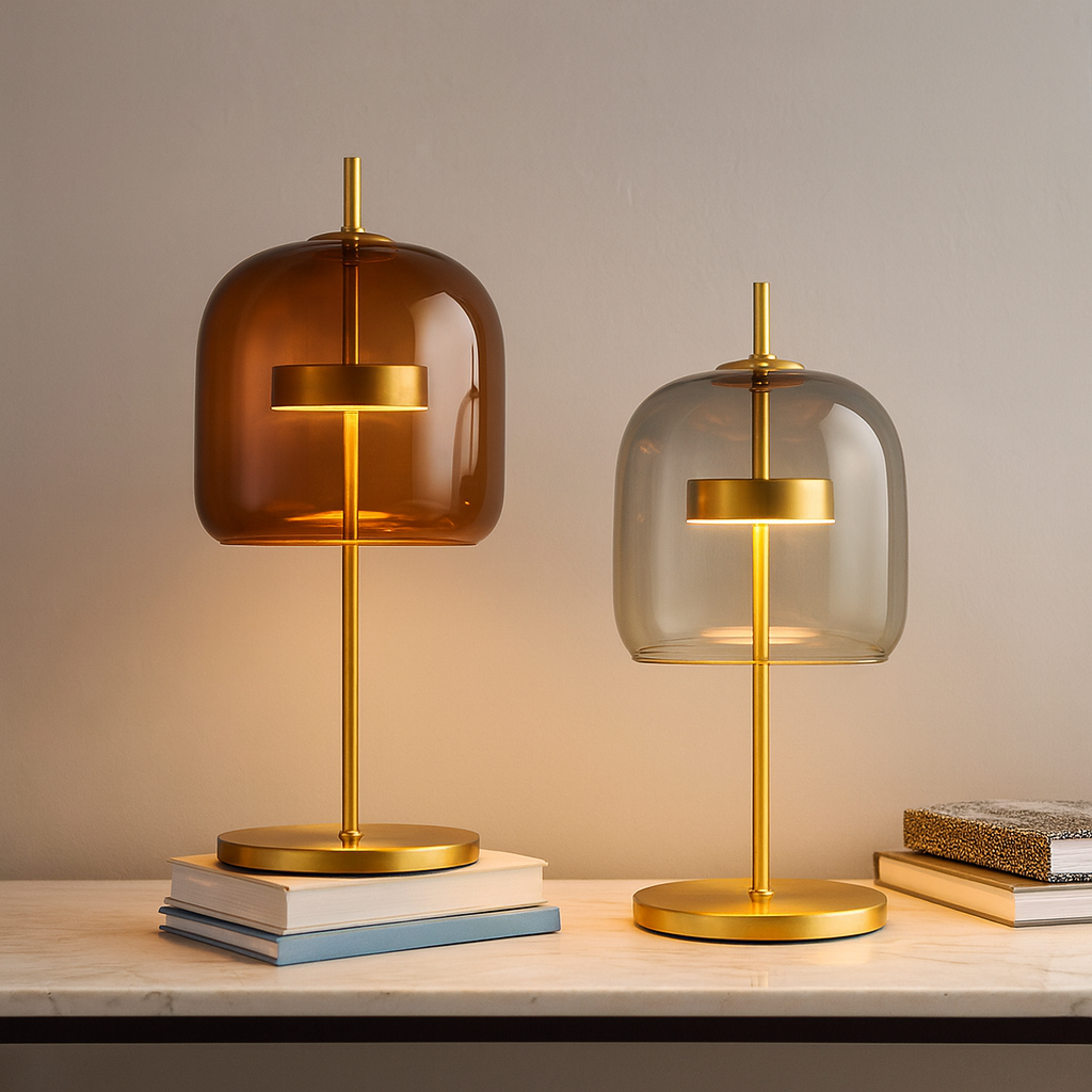 Lampe de table en vitrail avec pied doré – Lampe d’ambiance LED vintage pour chambre et table de chevet, design rétro | Sansoti