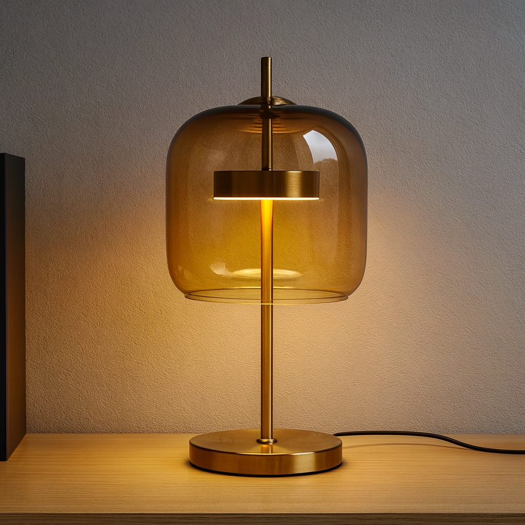 Lampe de table en vitrail avec pied doré – Lampe d’ambiance LED vintage pour chambre et table de chevet, design rétro | Sansoti