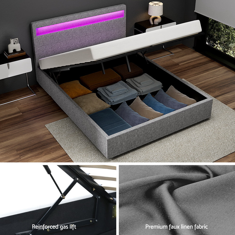 Double Bed Frame with Gas Lift Storage and LED Headboard – Gray Upholstered 140x190 cm | Sansoti