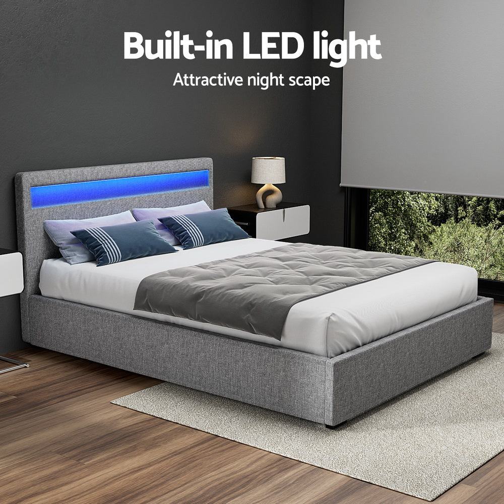 Double Bed Frame with Gas Lift Storage and LED Headboard – Gray Upholstered 140x190 cm | Sansoti