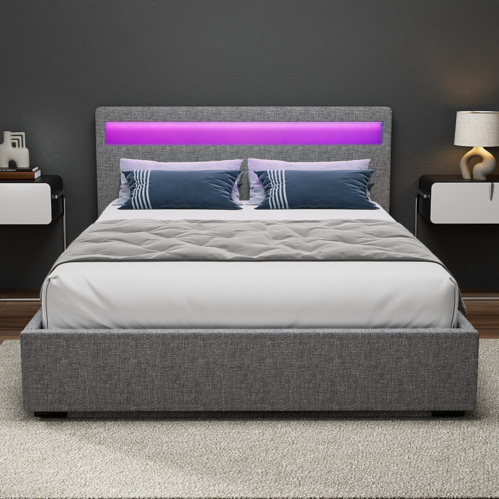 Double Bed Frame with Gas Lift Storage and LED Headboard – Gray Upholstered 140x190 cm | Sansoti