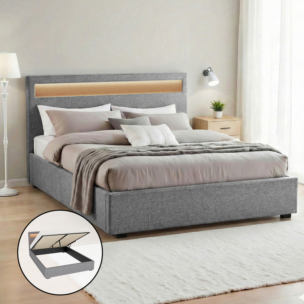 Double Bed Frame with Gas Lift Storage and LED Headboard – Gray Upholstered 140x190 cm | Sansoti