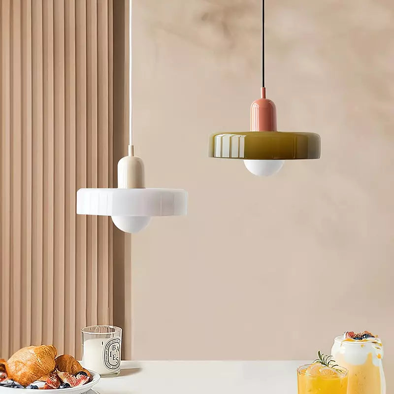 Glas-Hängeleuchte im Bauhausstil aus farbigem Glas, rund, Ø25-35cm, E27, verstellbar, Esstisch-Deckenleuchte im Retro-Design | Sansoti