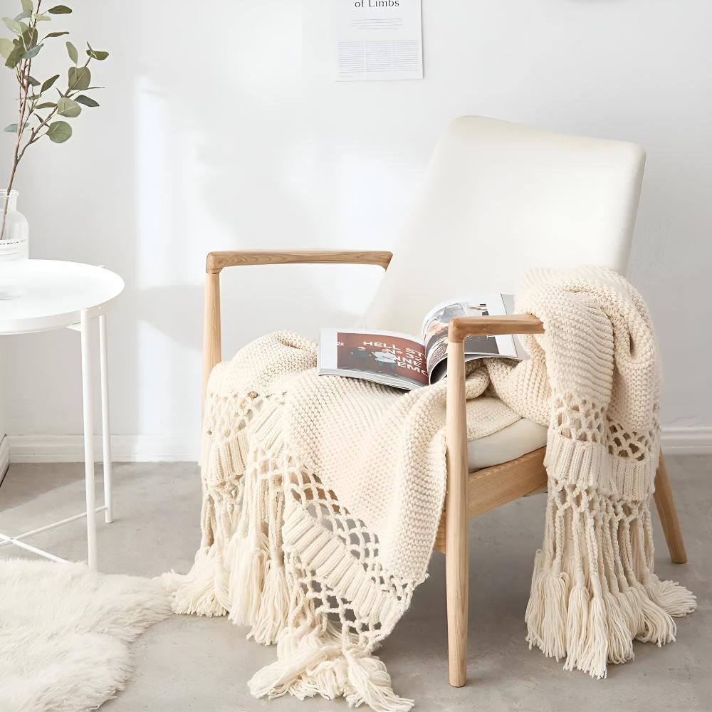 Plaid met Macramé Details 120x180cm Microfiber Decoratieve Franjes Gebreid Throw Deken Woonkamer Sofa | Sansoti