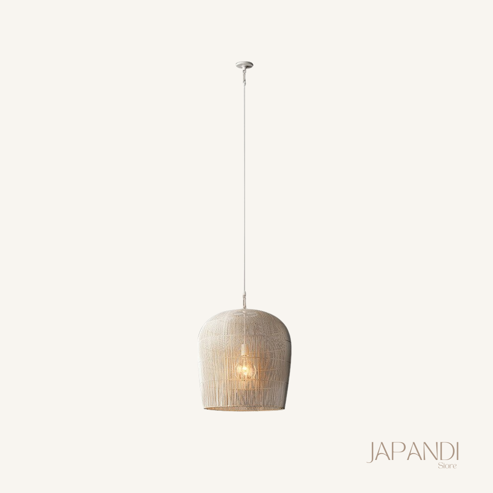 Lámpara colgante Japandi de ratán tejido a mano, blanca y negra, redonda, de 31cm a 61cm, comedor y salón | Sansoti