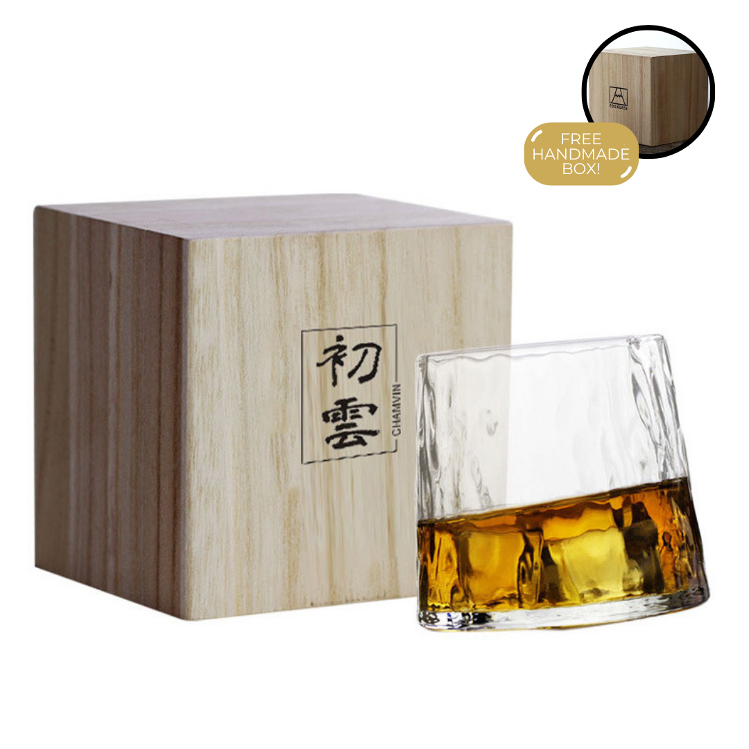 Verre à whisky japonais avec fond rotatif 250ml, verre résistant à la chaleur, fait main, verre à boire pour whisky, cocktails, saké, vaisselle premium dans boîte cadeau en bois, cadeau unique pour amateurs de whisky | Sansoti
