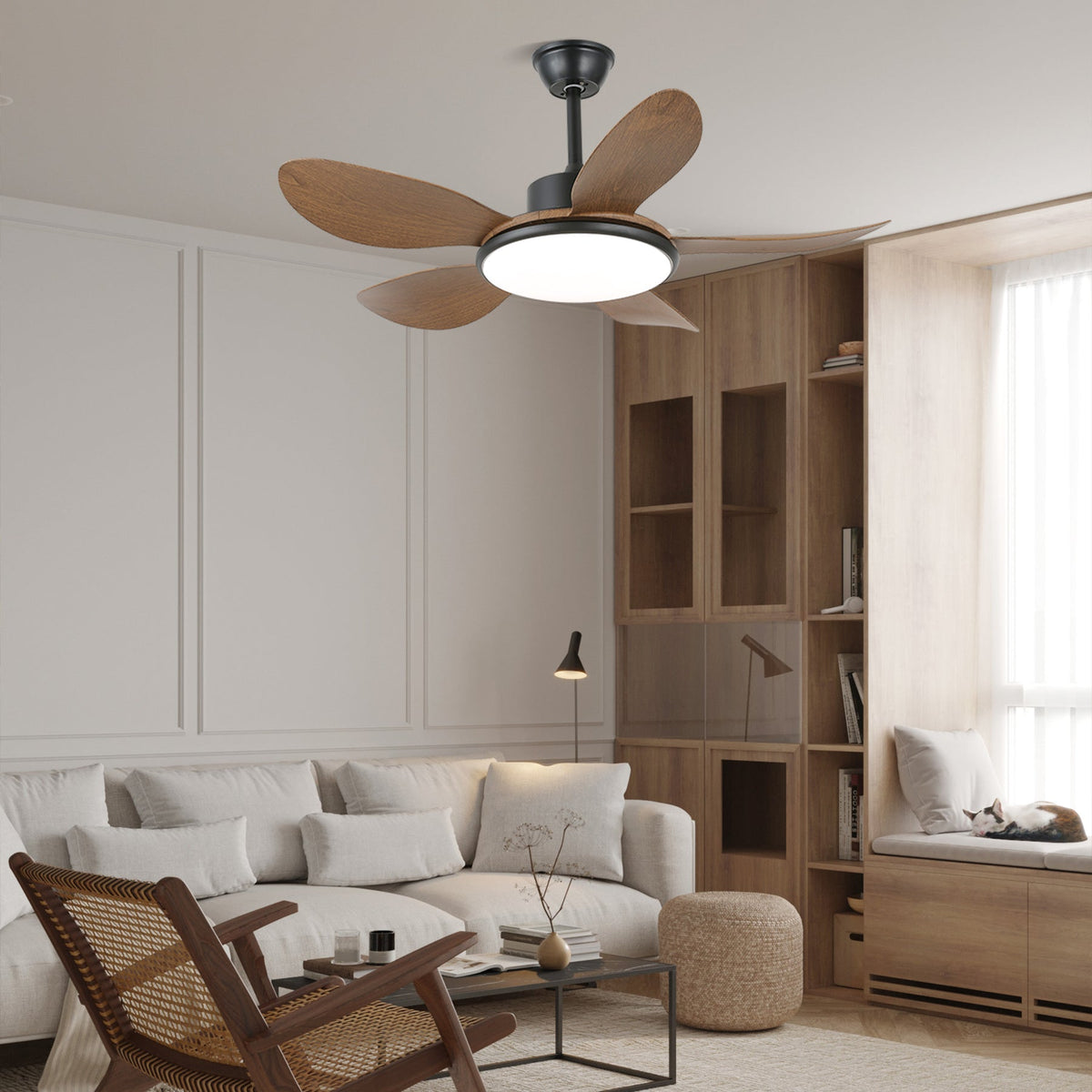 Ceiling Fan with LED Lighting and Remote Control | Scandinavian Design with Wood Grain Finish | Sansoti