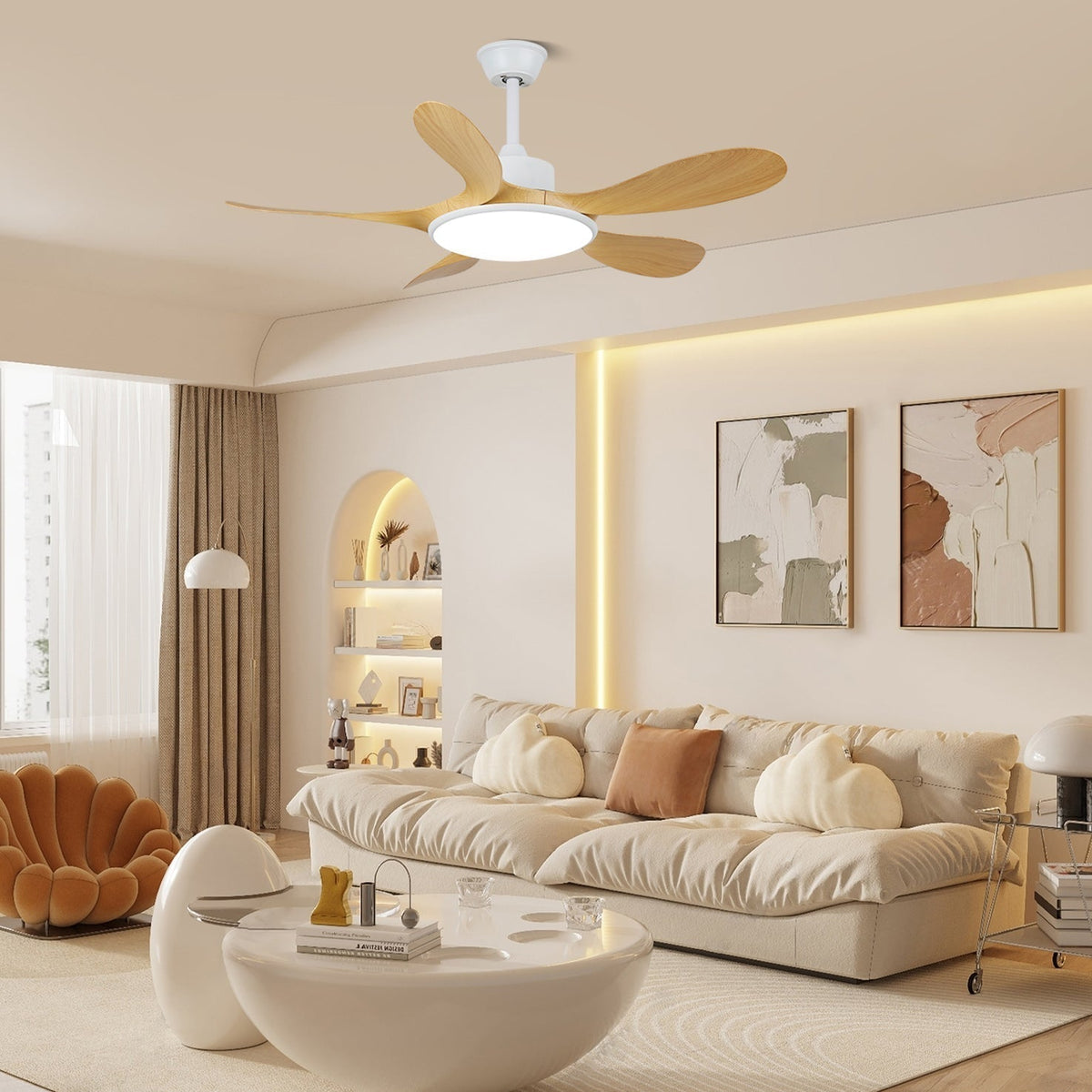 Ceiling Fan with LED Lighting and Remote Control | Scandinavian Design with Wood Grain Finish | Sansoti