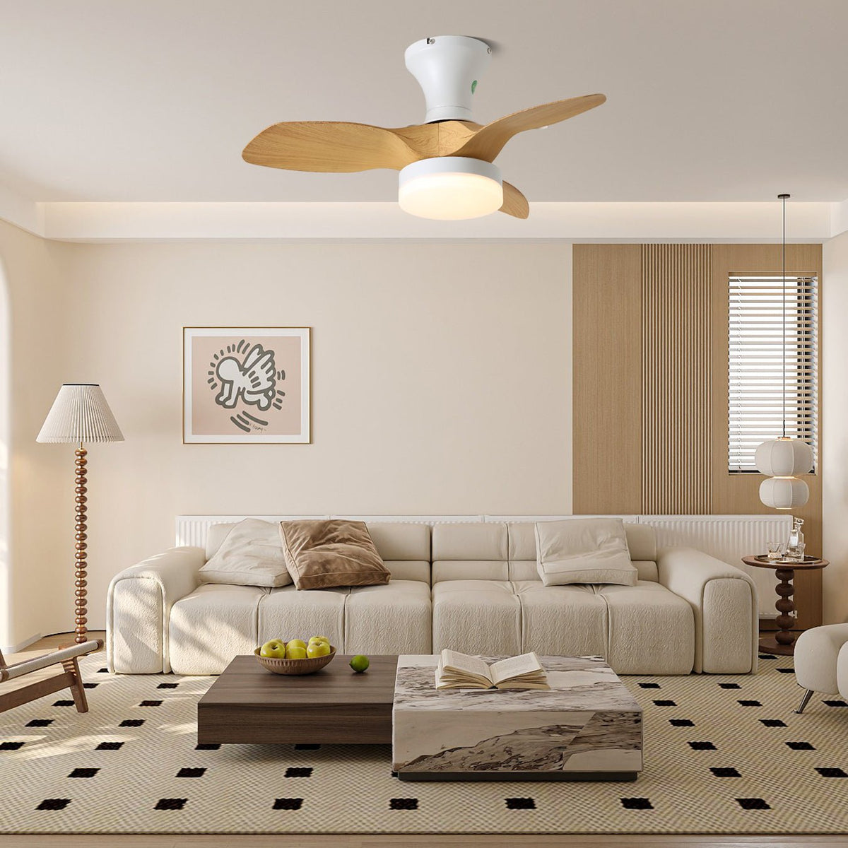 Skandinavischer Deckenventilator mit Beleuchtung – Minimalistische Ventilatorlampe in Holz und Weiß | Sansoti