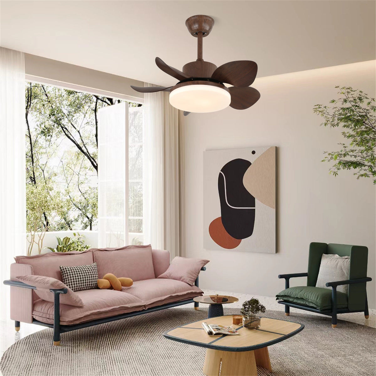 Deckenventilator Alenya mit Holzlook und integrierter Beleuchtung Ø55 cm 48W grau-braune Blätter für alle Jahreszeiten | Sansoti