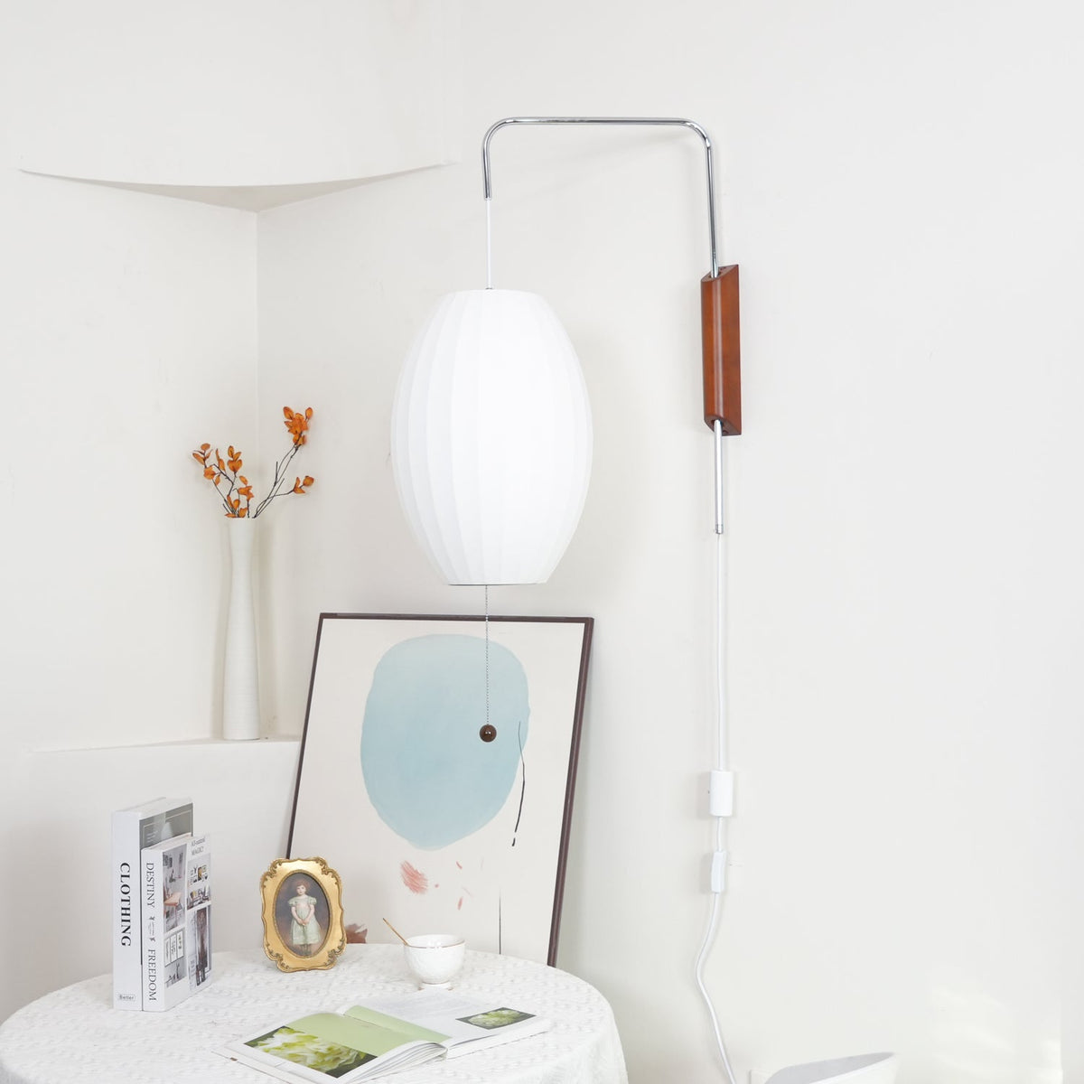 Wandlamp Zijden Kap Walnoot Metaal Wit Woonkamer Slaapkamer | Sansoti