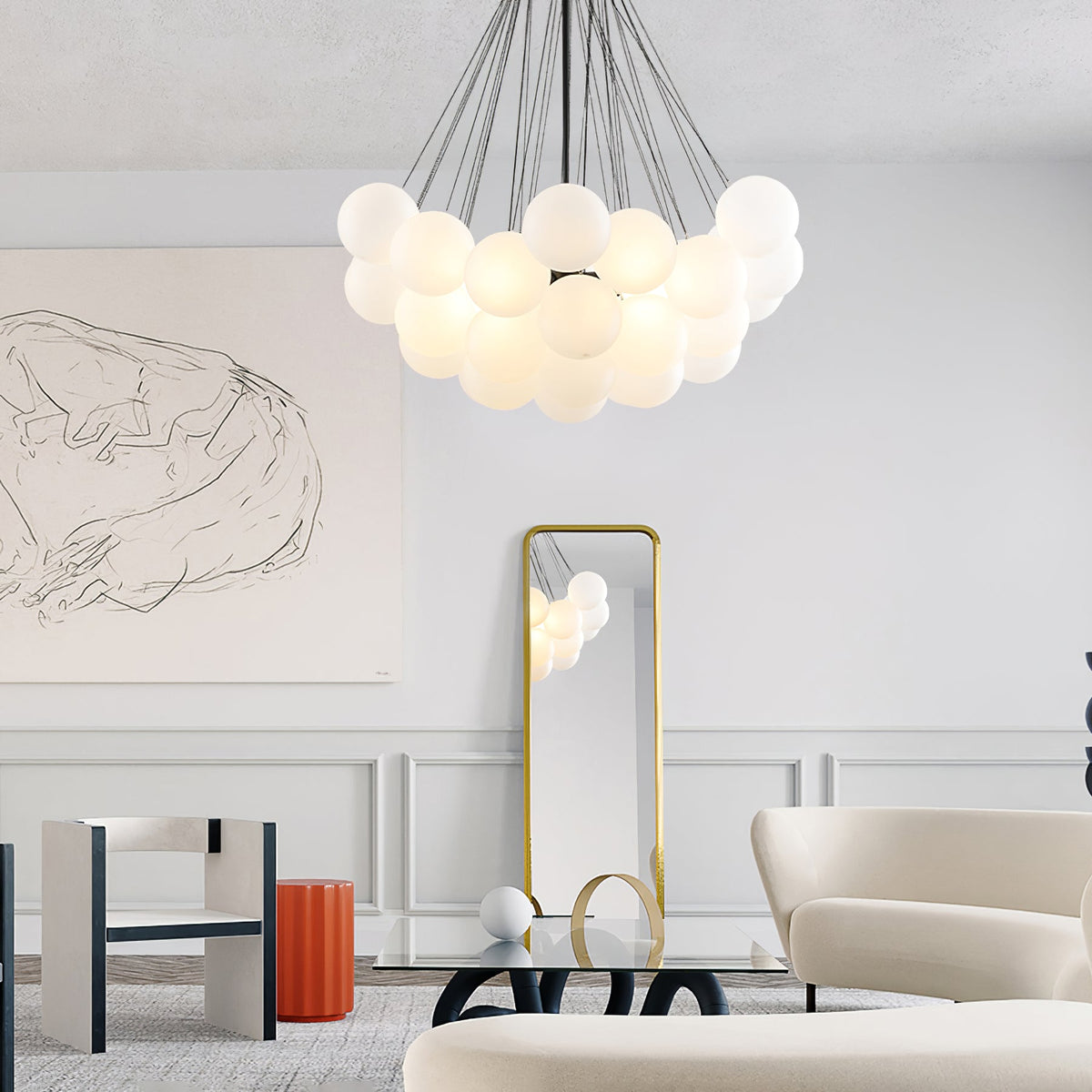 Handgefertigter gläserner Kugel-Kandelaber mit natürlicher Lichtstreuung – Elegante Glastechnik des 19. Jahrhunderts für eine warme Atmosphäre | Sansoti