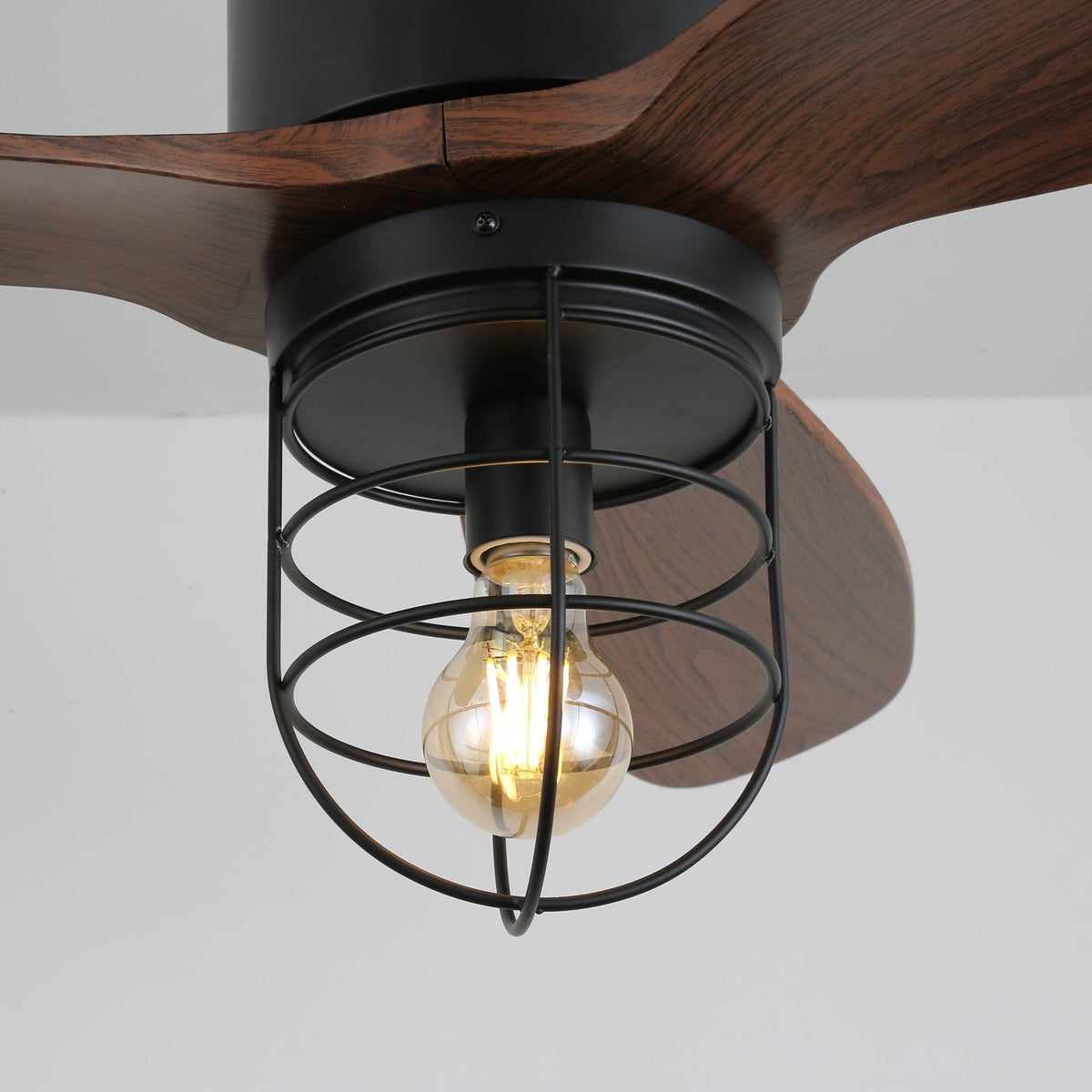 Industrial Ceiling Fan with Lighting Ø91cm – Metal Frame – Glass Shade – 6 Speeds – Remote Control – AC 110-240V – Walnut & Black | Sansoti