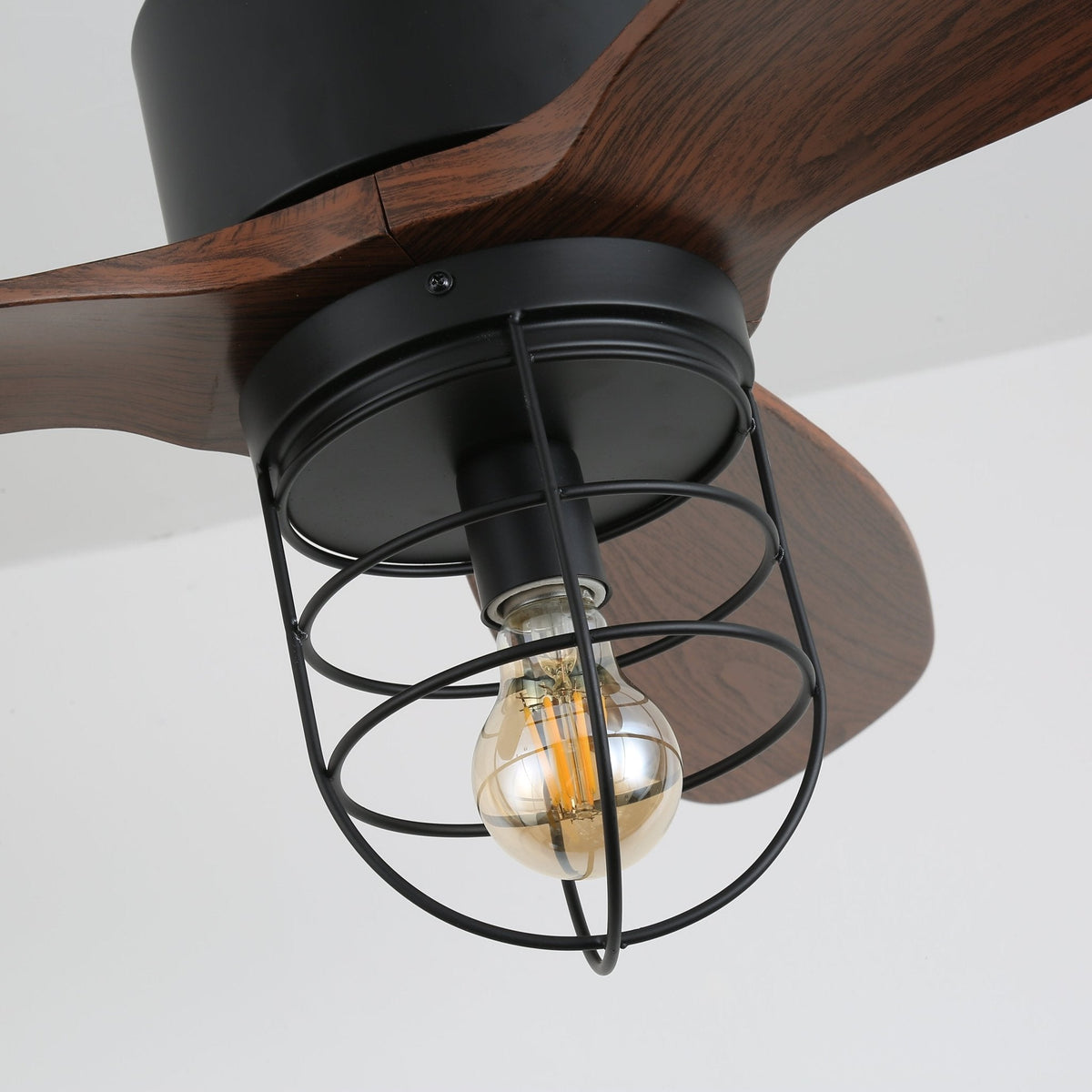 Industrial Ceiling Fan with Lighting Ø91cm – Metal Frame – Glass Shade – 6 Speeds – Remote Control – AC 110-240V – Walnut & Black | Sansoti
