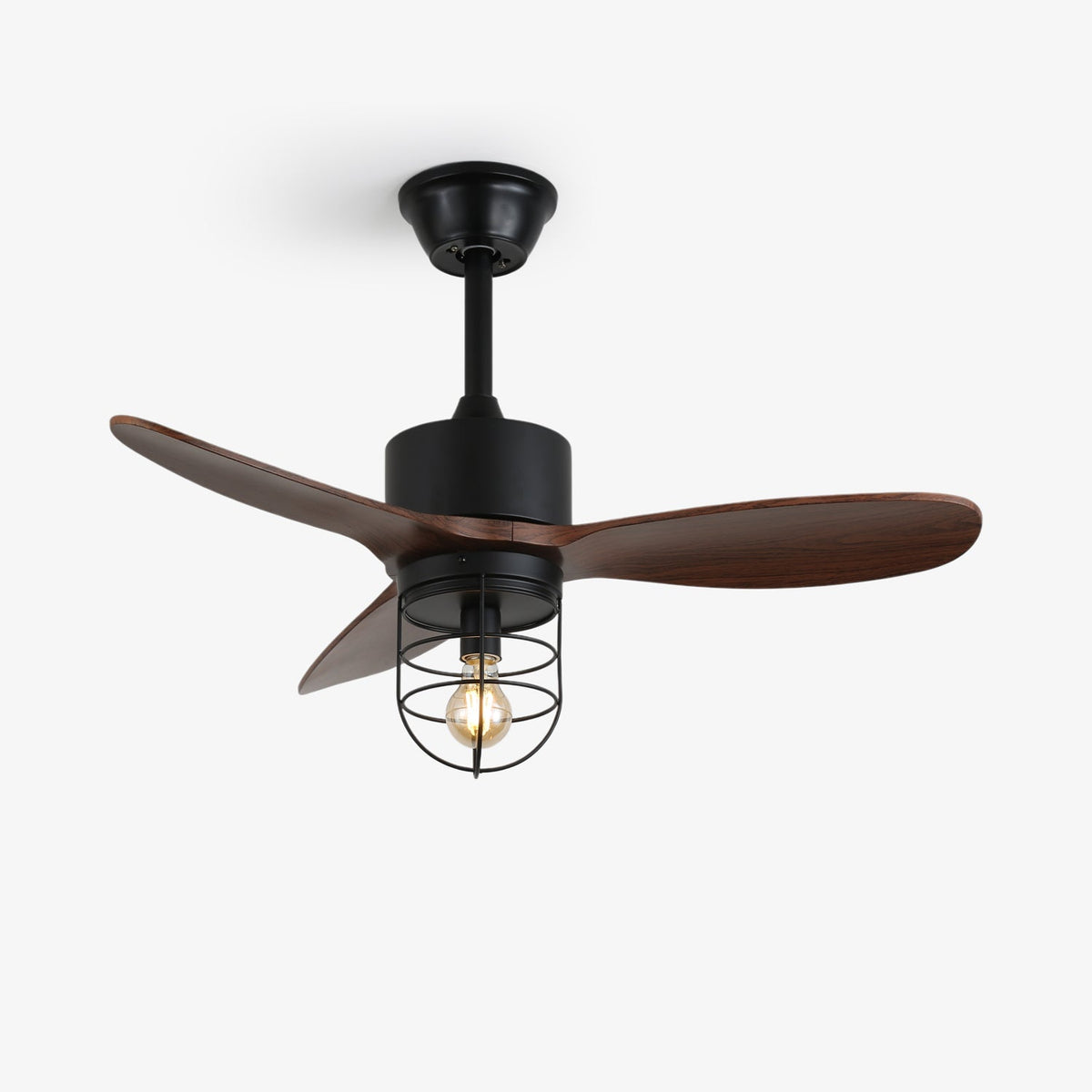 Industrial Ceiling Fan with Lighting Ø91cm – Metal Frame – Glass Shade – 6 Speeds – Remote Control – AC 110-240V – Walnut & Black | Sansoti