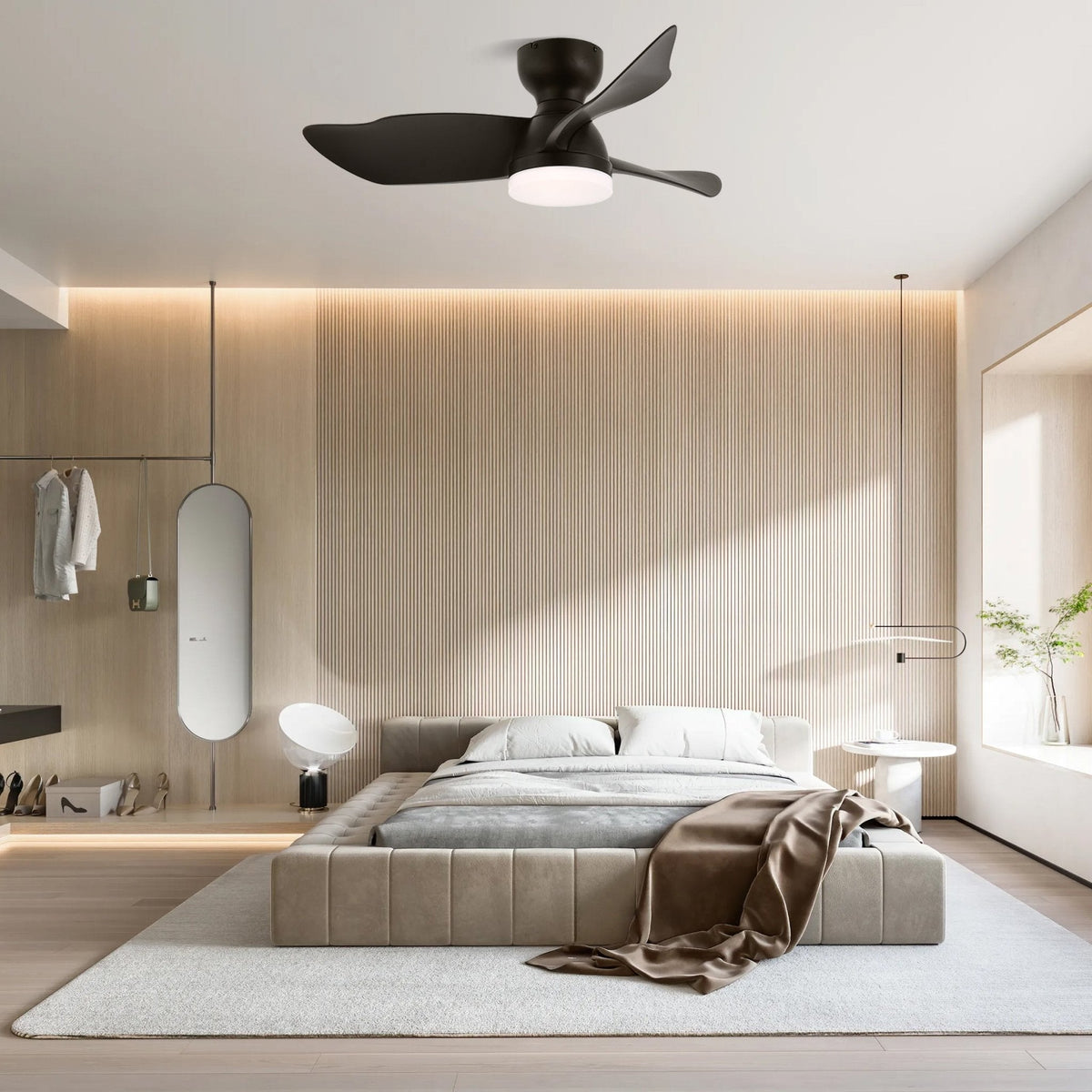 Moderner Deckenventilator mit Beleuchtung und Fernbedienung Silber Holzmaserung 70 cm | Sansoti