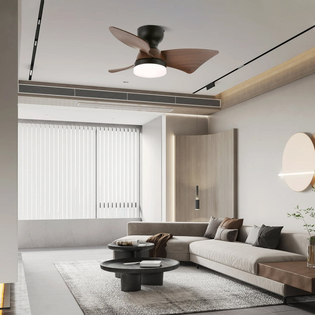 Moderner Deckenventilator mit Beleuchtung und Fernbedienung Silber Holzmaserung 70 cm | Sansoti