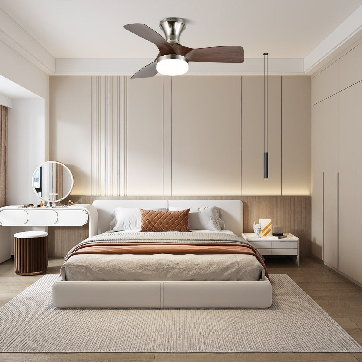 Moderner Deckenventilator mit Beleuchtung und Fernbedienung Silber Holzmaserung 70 cm | Sansoti
