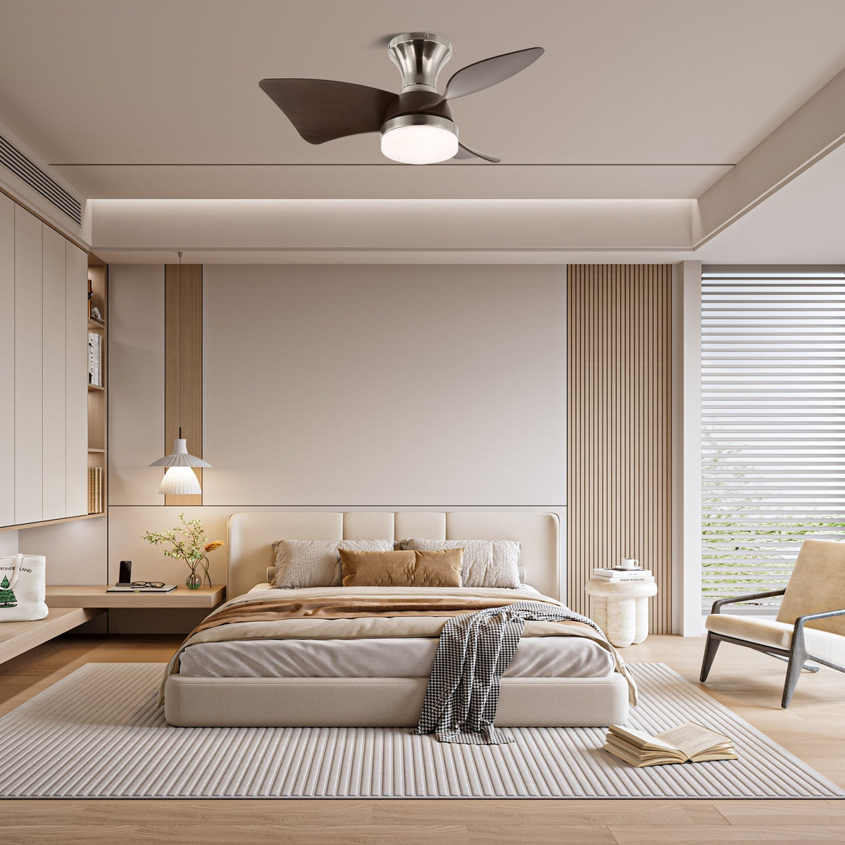 Moderner Deckenventilator mit Beleuchtung und Fernbedienung Silber Holzmaserung 70 cm | Sansoti