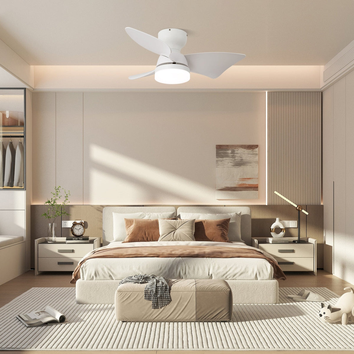 Moderner Deckenventilator mit Beleuchtung und Fernbedienung Silber Holzmaserung 70 cm | Sansoti