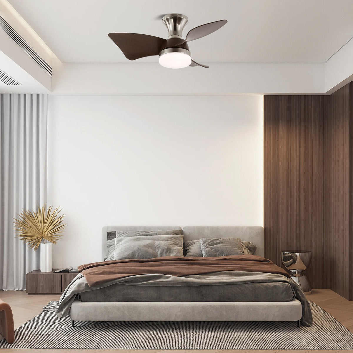 Moderner Deckenventilator mit Beleuchtung und Fernbedienung Silber Holzmaserung 70 cm | Sansoti