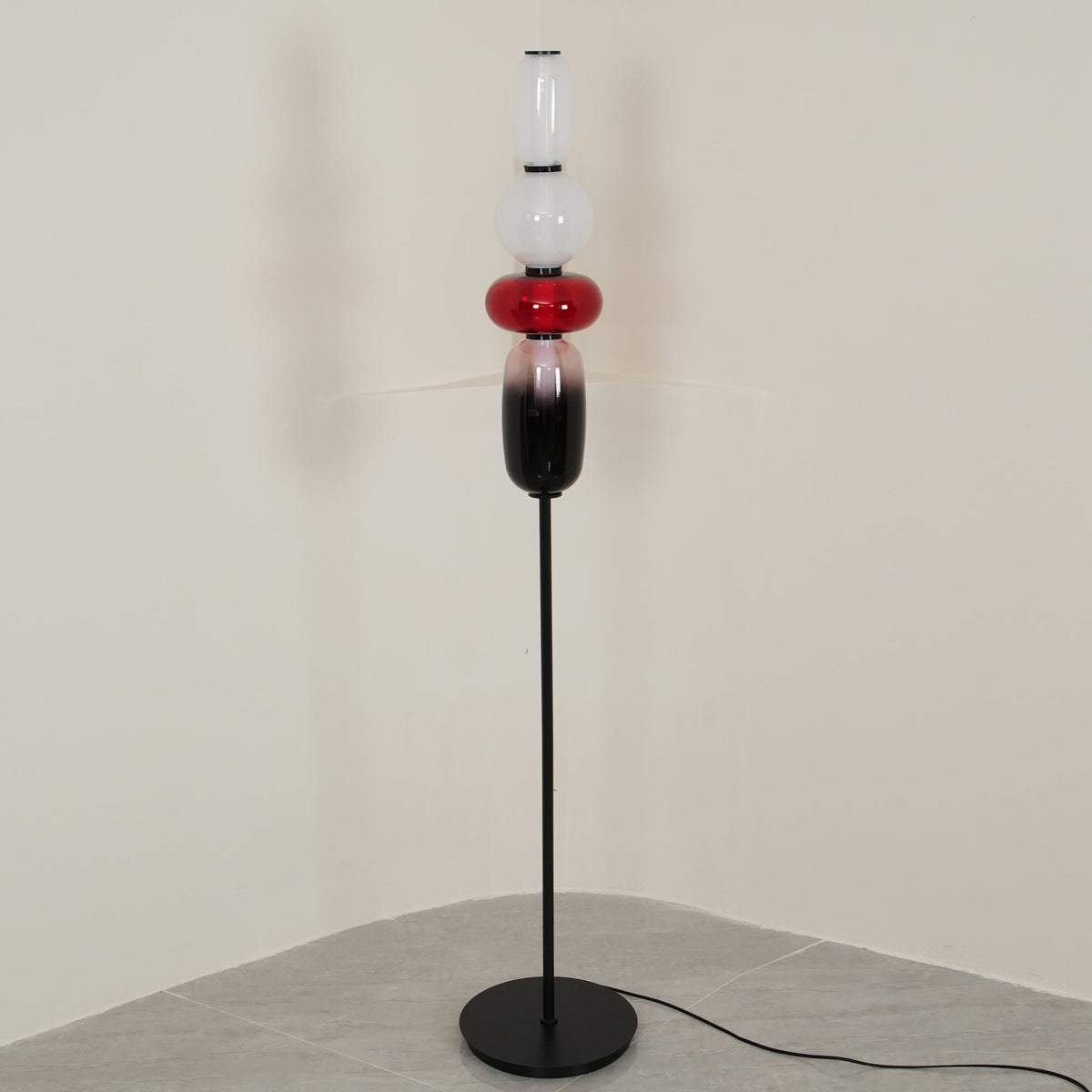 Glass Floor Lamp with Hand-Blown Shade Black Stand Modern Design Living Room Lighting | Sansoti
