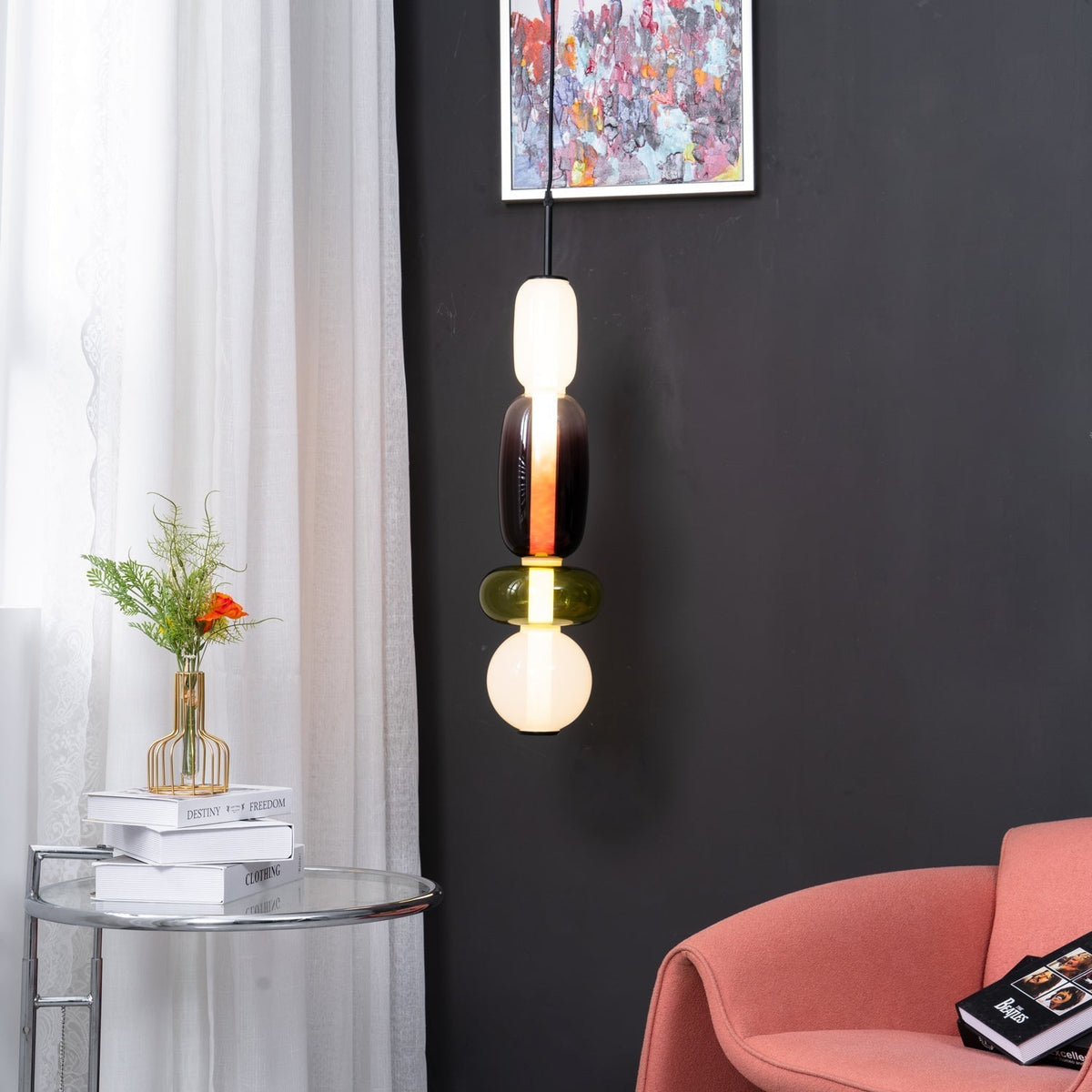 Pendelleuchte mit LED-Glaskugel, dimmbar, mit Fernbedienung, Metall und Acryl, für Esszimmer und Wohnzimmer, modernes stimmungsvolles Design | Sansoti