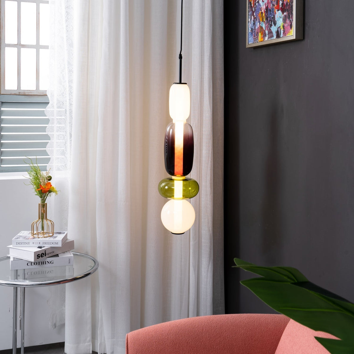 Pendelleuchte mit LED-Glaskugel, dimmbar, mit Fernbedienung, Metall und Acryl, für Esszimmer und Wohnzimmer, modernes stimmungsvolles Design | Sansoti