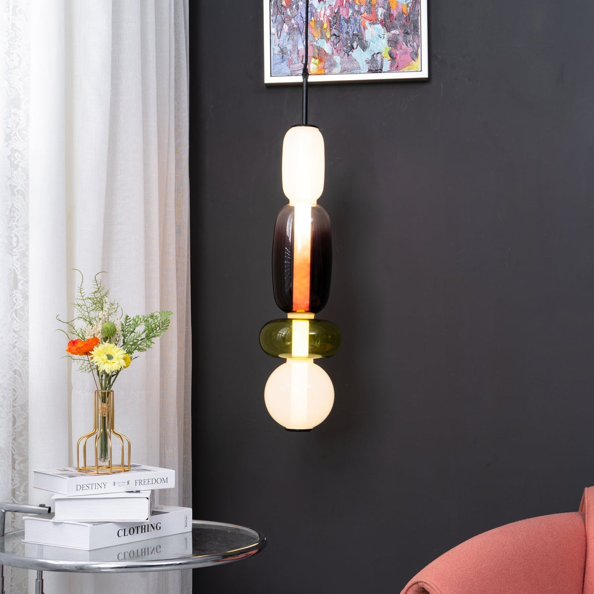 Pendelleuchte mit LED-Glaskugel, dimmbar, mit Fernbedienung, Metall und Acryl, für Esszimmer und Wohnzimmer, modernes stimmungsvolles Design | Sansoti